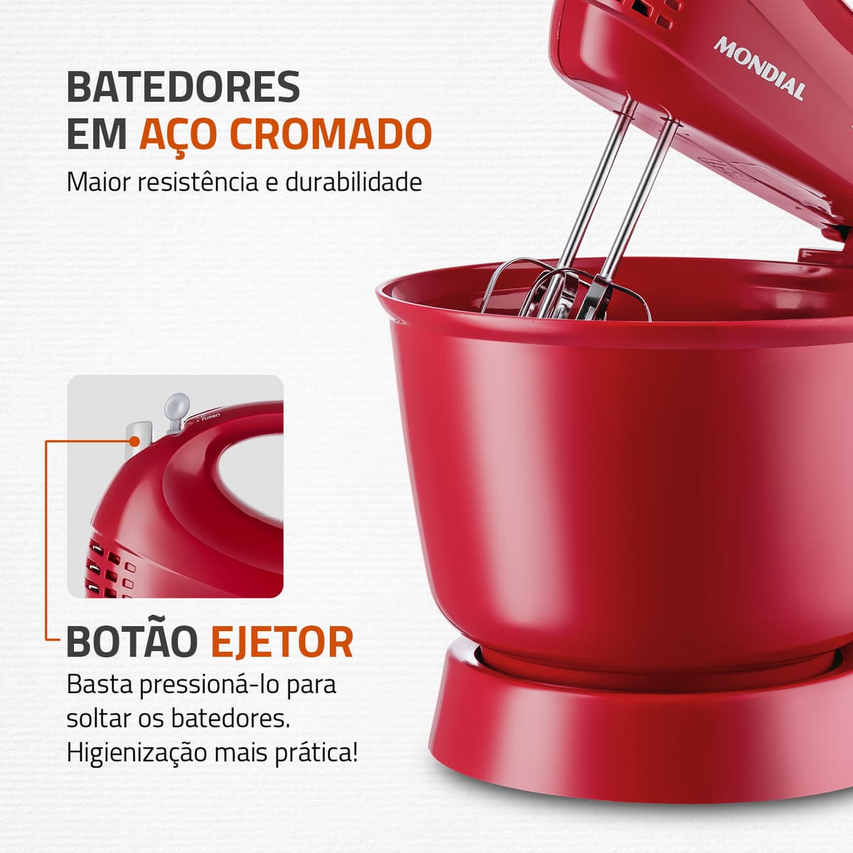 Batedeira Power Prática Mondial, 400W - B-44-R, vista frontal em uso.