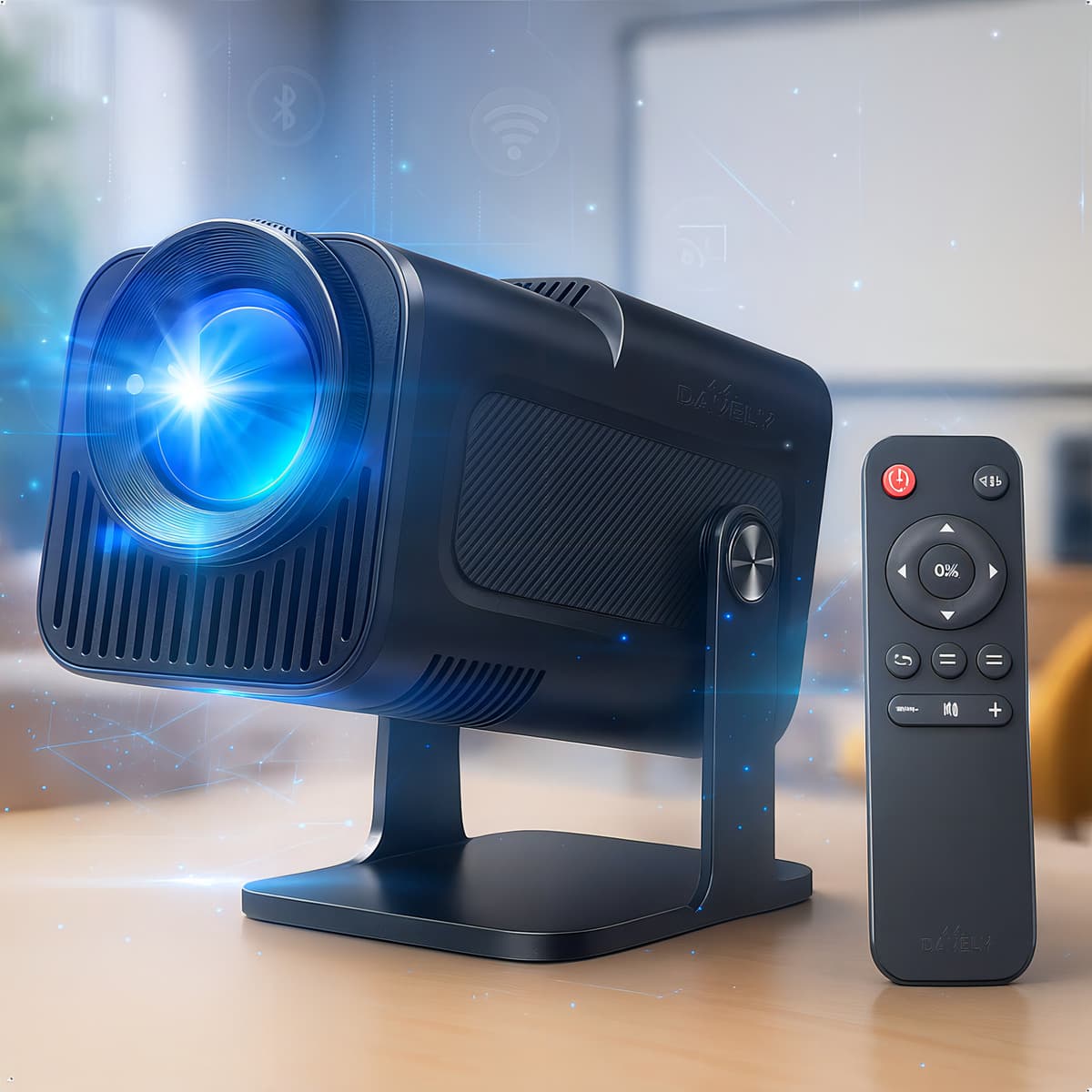 Projetor Davely HY320 em uso, projetando uma imagem colorida em uma parede.