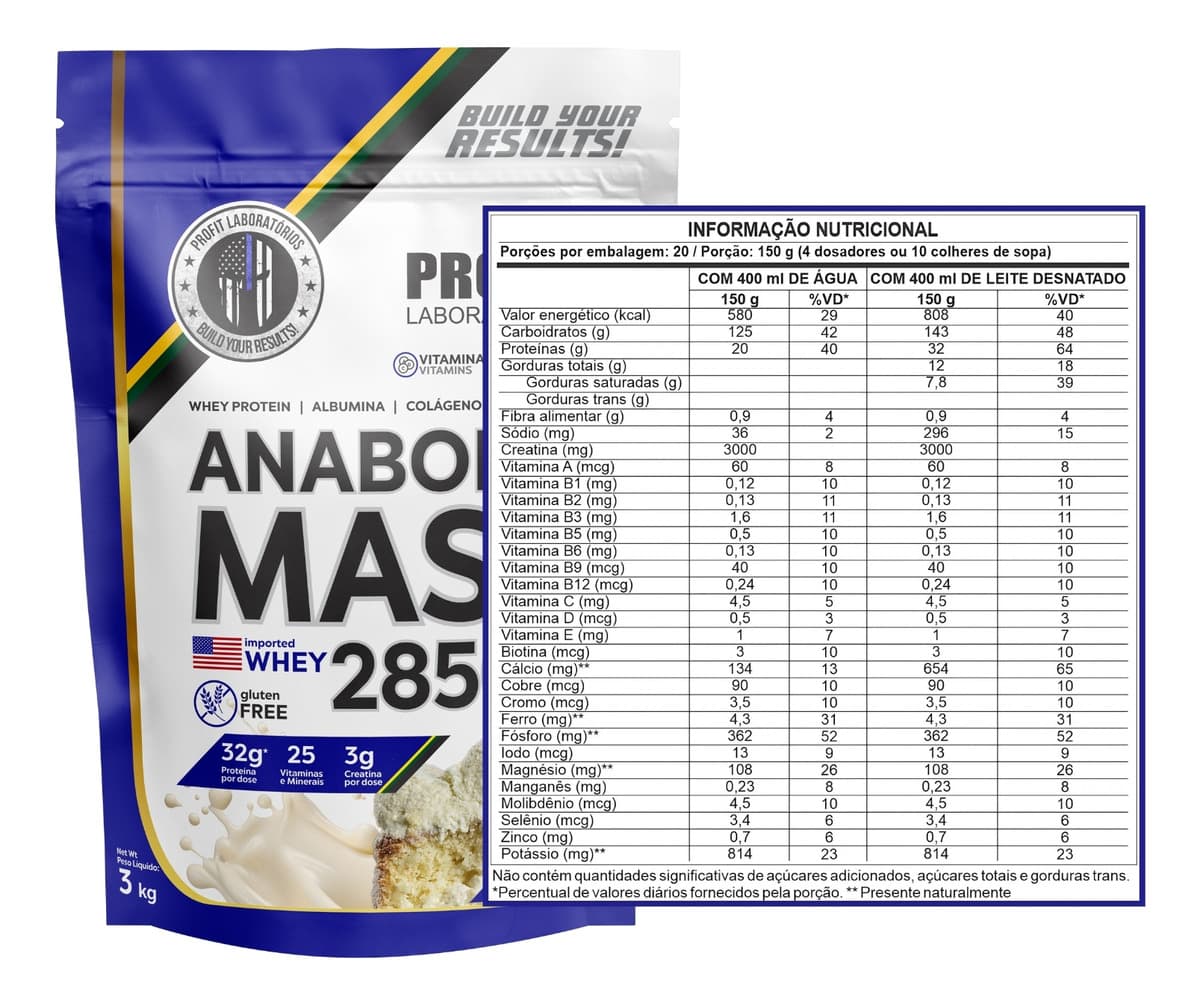 Hipercalórico Anabolic Mass 28500 3kg - Profit Labs Sabor Leite ninõ