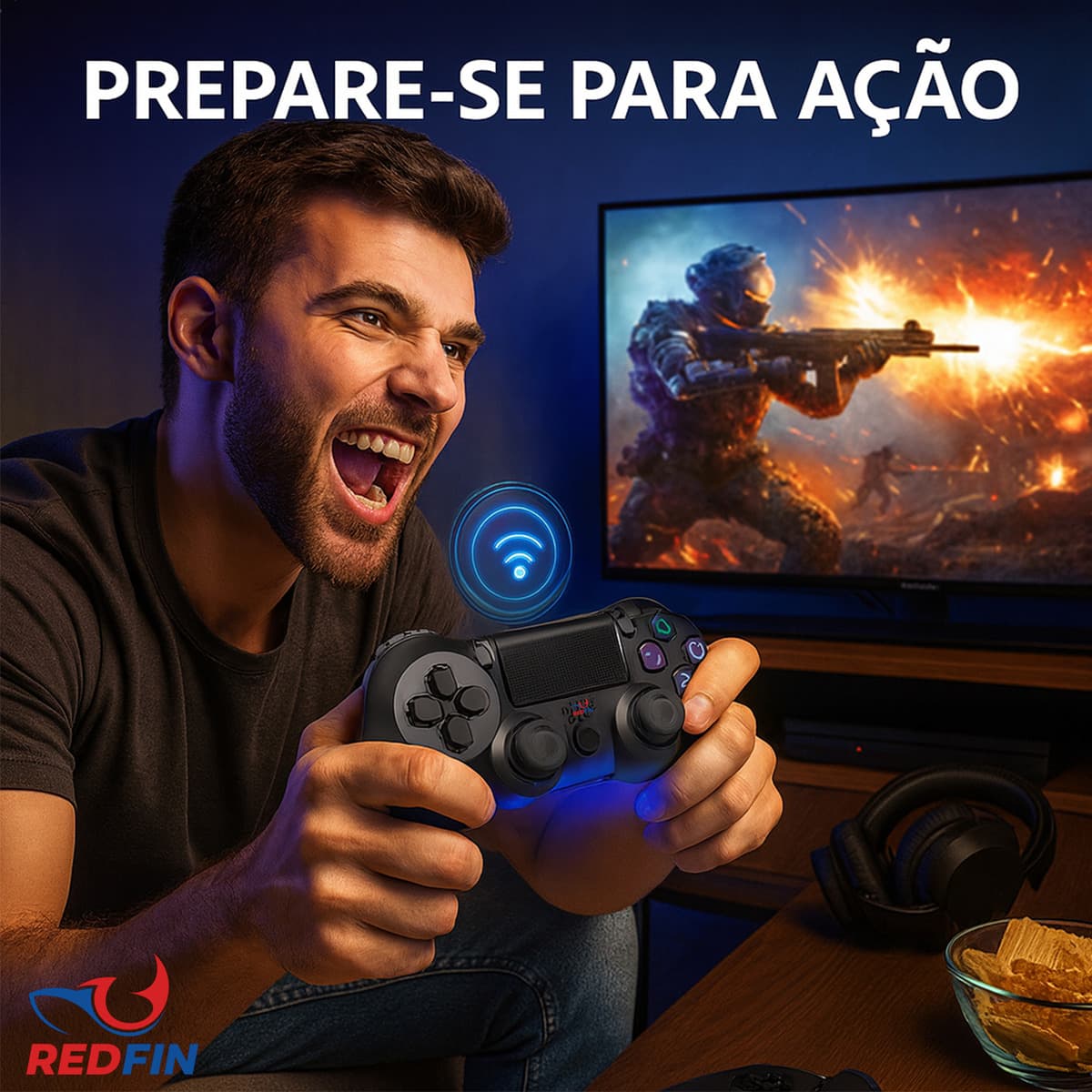 Visão lateral do Controle REDFIN, mostrando o encaixe das mãos