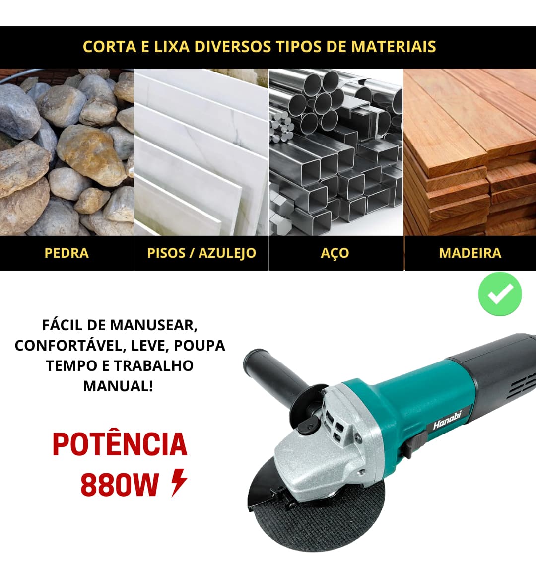 Detalhe da Esmerilhadeira Hanabi com acessórios